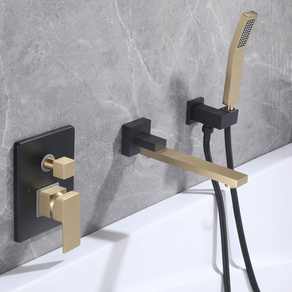 Wall-Mounted Bathtub Faucet with Hand Shower and Minimalist Control Panel