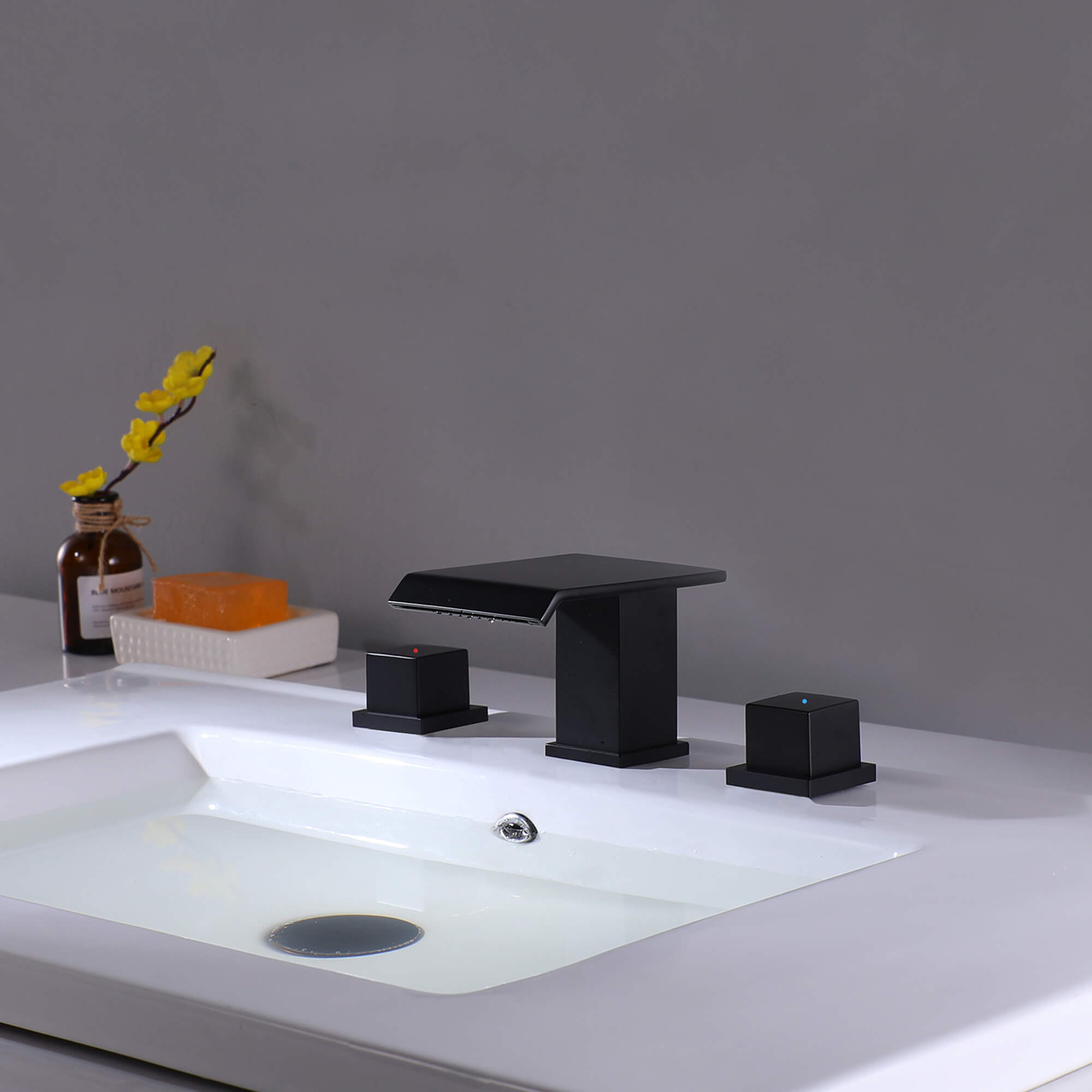 Waterfall Bathroom Faucet with Pop-Up Drain Solid Brass Vanity Sink Faucet