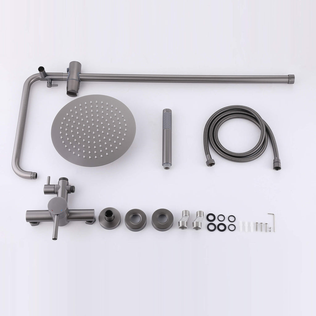 Complete gunmetal gray shower system parts including rainfall shower head, handheld sprayer, and hose