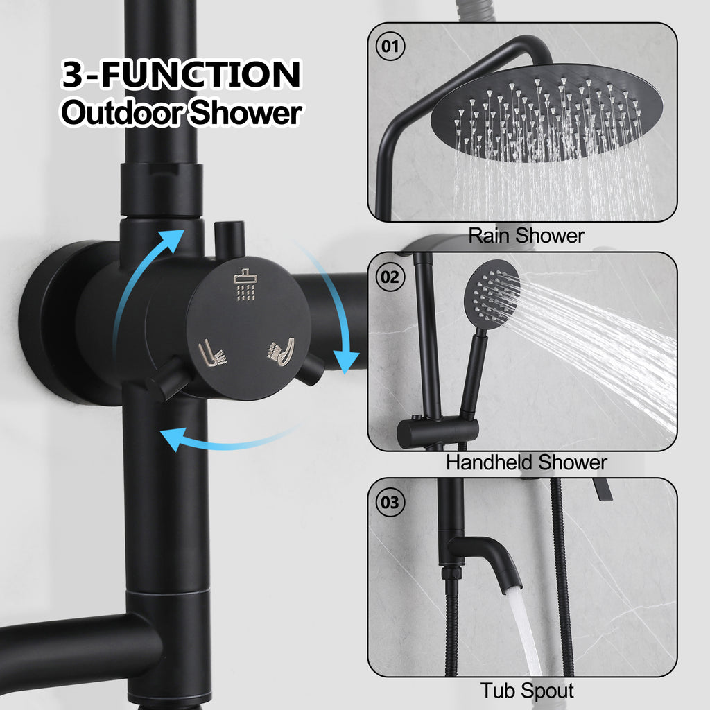 3-Function 304 Stainless Steel Wall-Mounted Outdoor Shower System