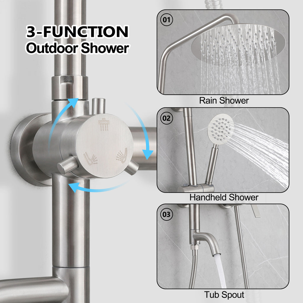 3-Function 304 Stainless Steel Wall-Mounted Outdoor Shower System