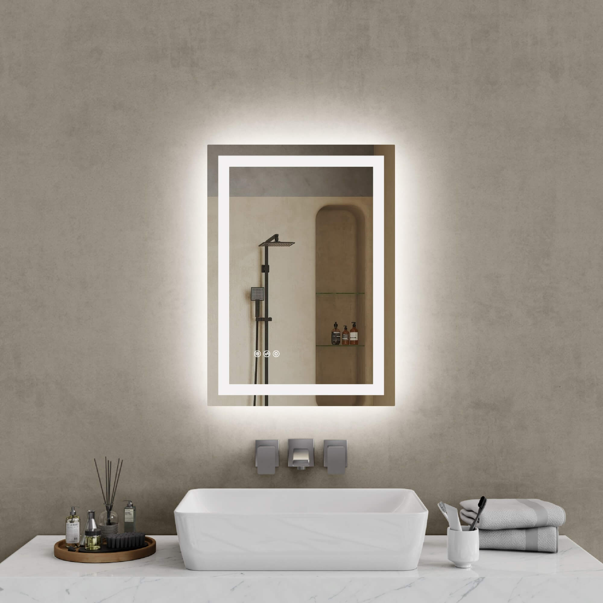 LED Bathroom Mirror with Front and Back Lighting Anti Fog Dimmable IP44 Waterproof Frameless Vanity Mirror