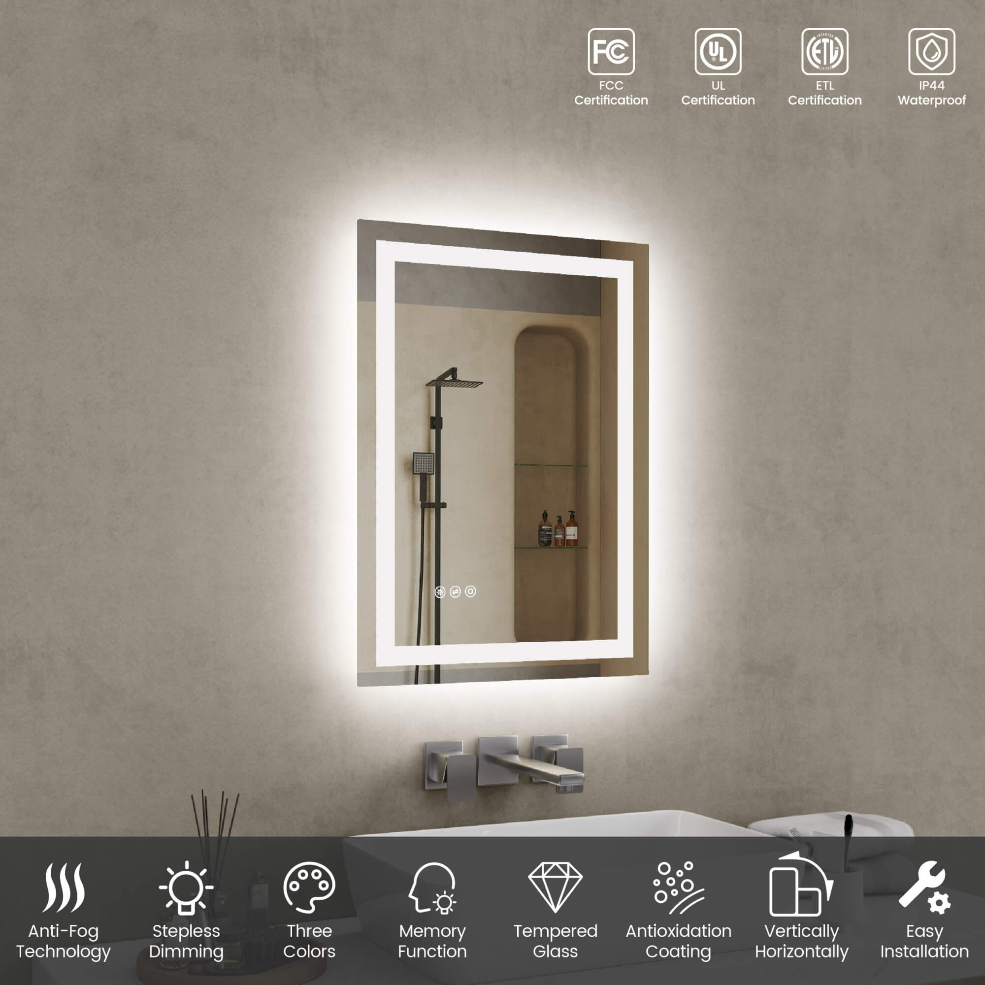 LED Bathroom Mirror with Front and Back Lighting Anti Fog Dimmable IP44 Waterproof Frameless Vanity Mirror