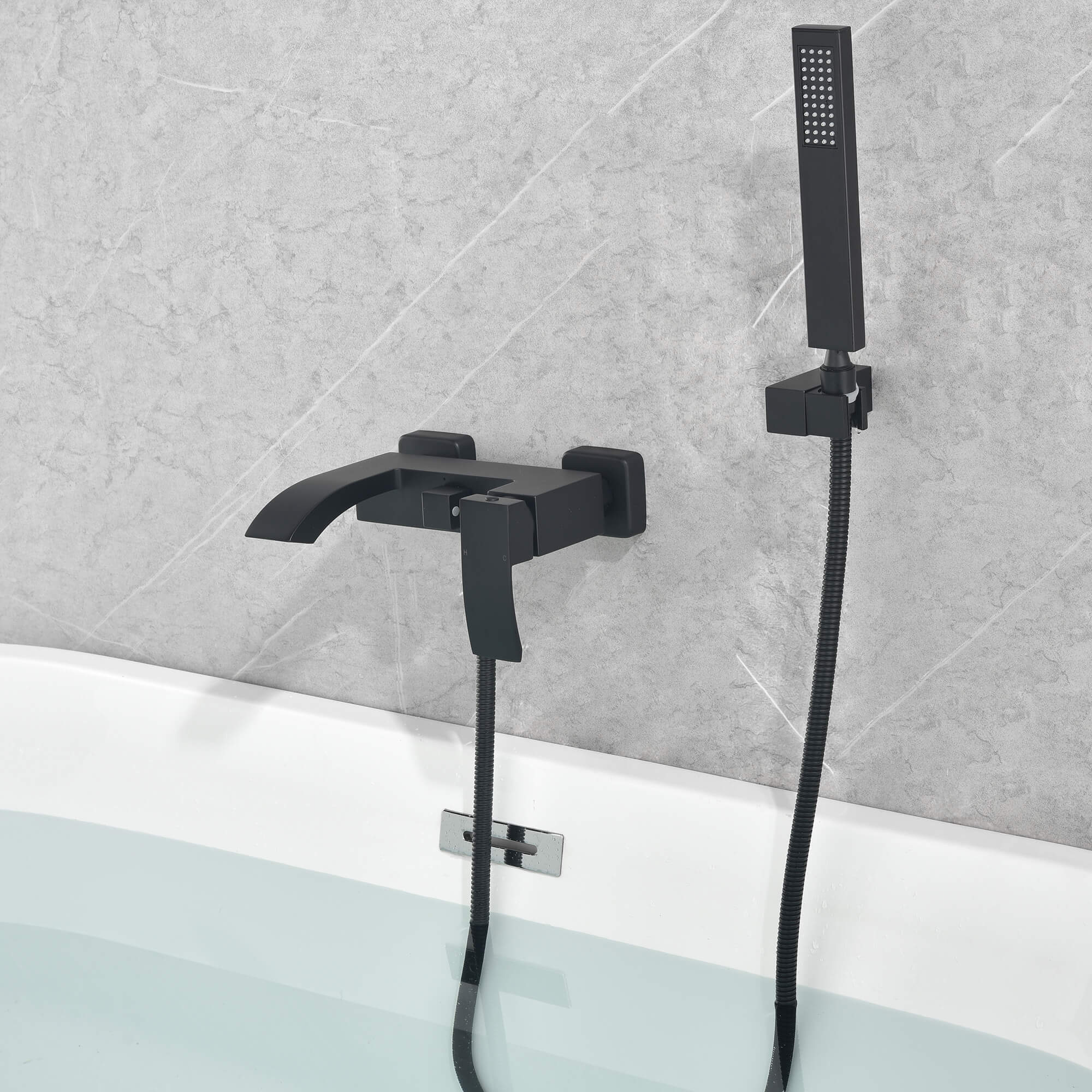 Modern Wall-Mounted Tub Filler with Handheld Shower and Minimal Profile