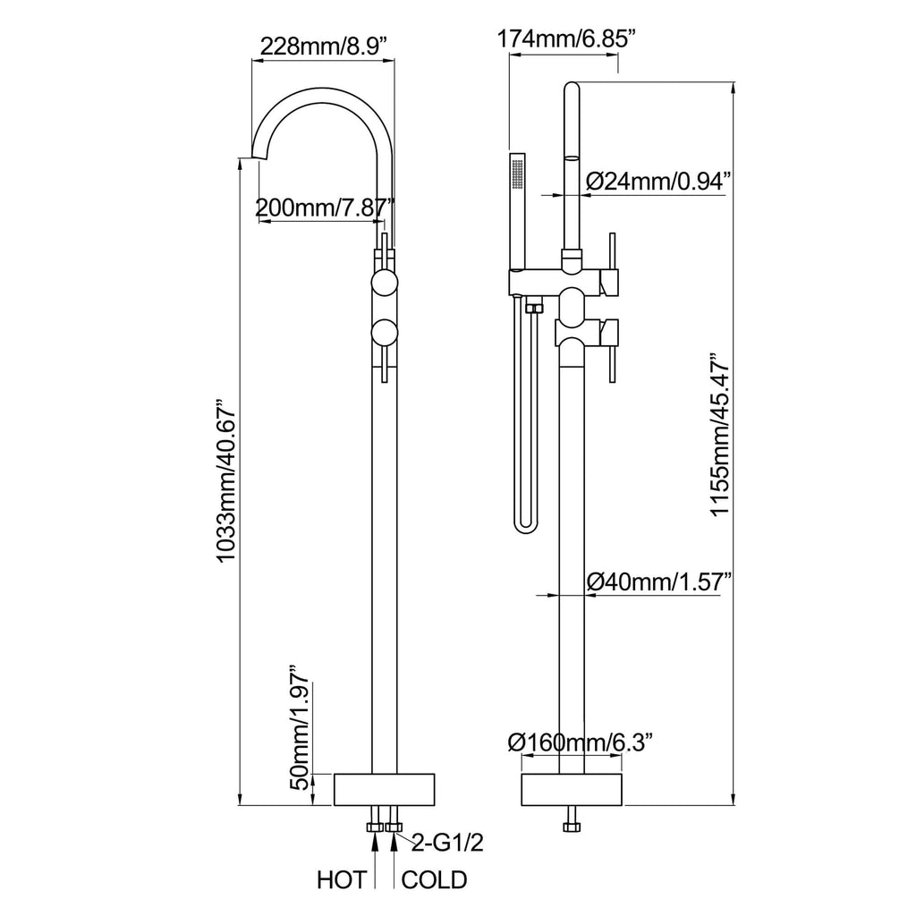 Freestanding Tub Filler with Handheld Shower Wand and Minimalist Design