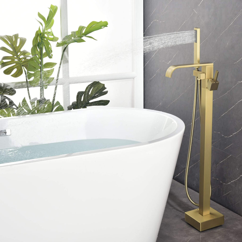 Modern Freestanding Bathtub Faucet with Handheld Shower and Clean Lines