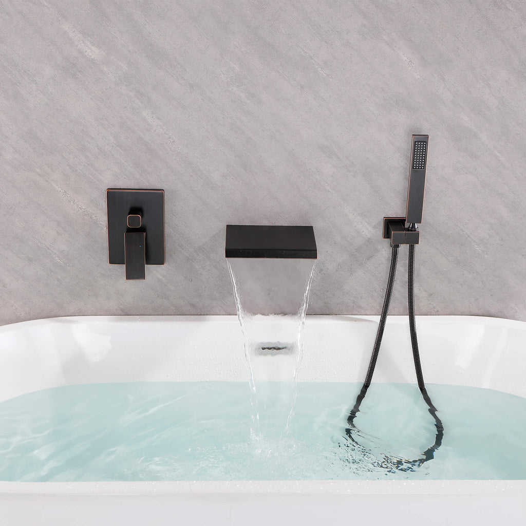 Wall-Mounted Waterfall Tub Filler with Shower Wand and Clean Minimal Design