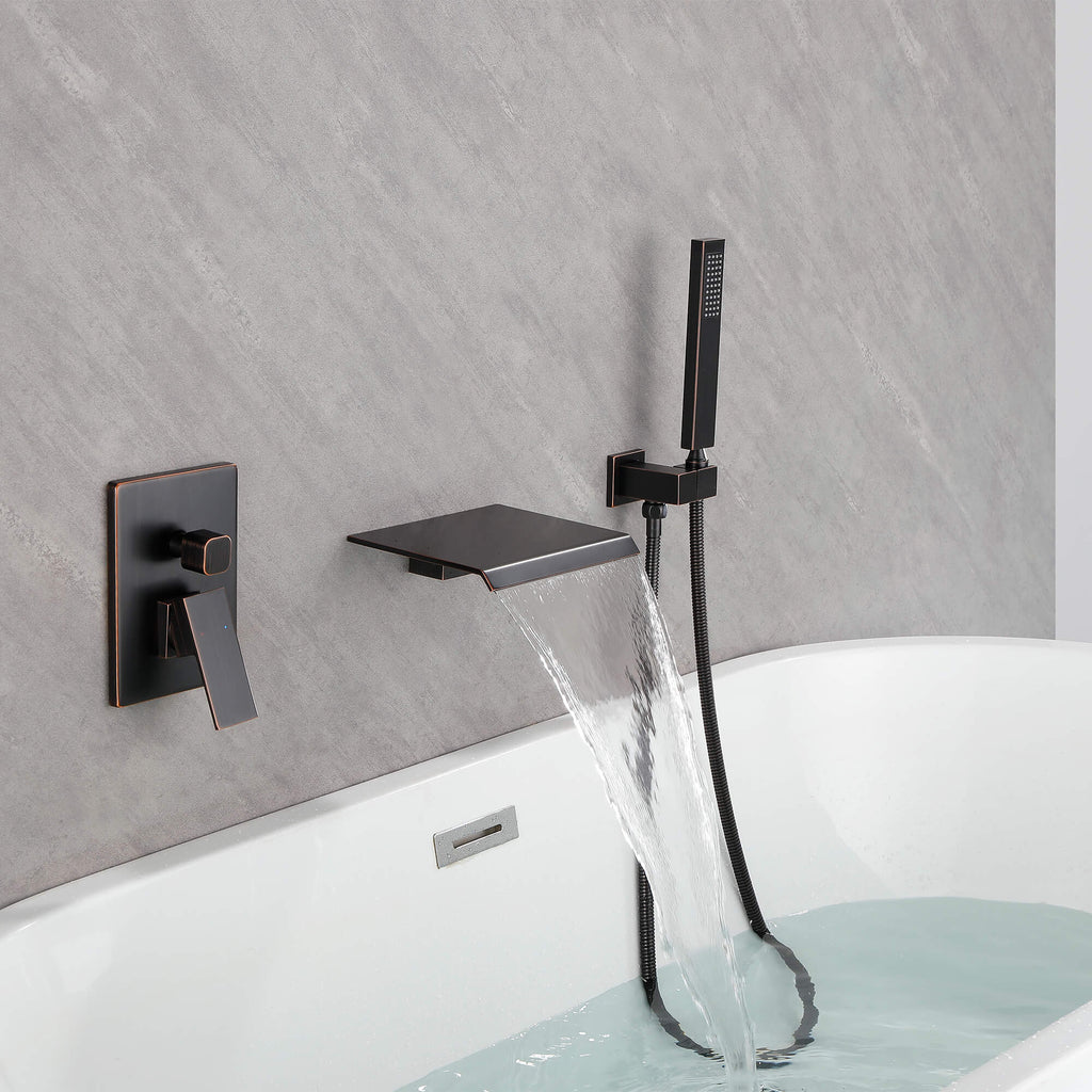 Wall-Mounted Waterfall Tub Filler with Shower Wand and Clean Minimal Design