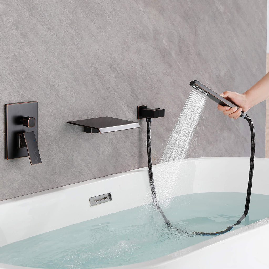 Wall-Mounted Waterfall Tub Filler with Shower Wand and Clean Minimal Design