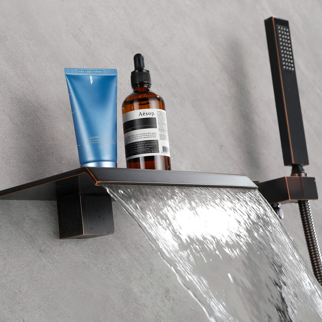 Wall-Mounted Waterfall Tub Filler with Shower Wand and Clean Minimal Design