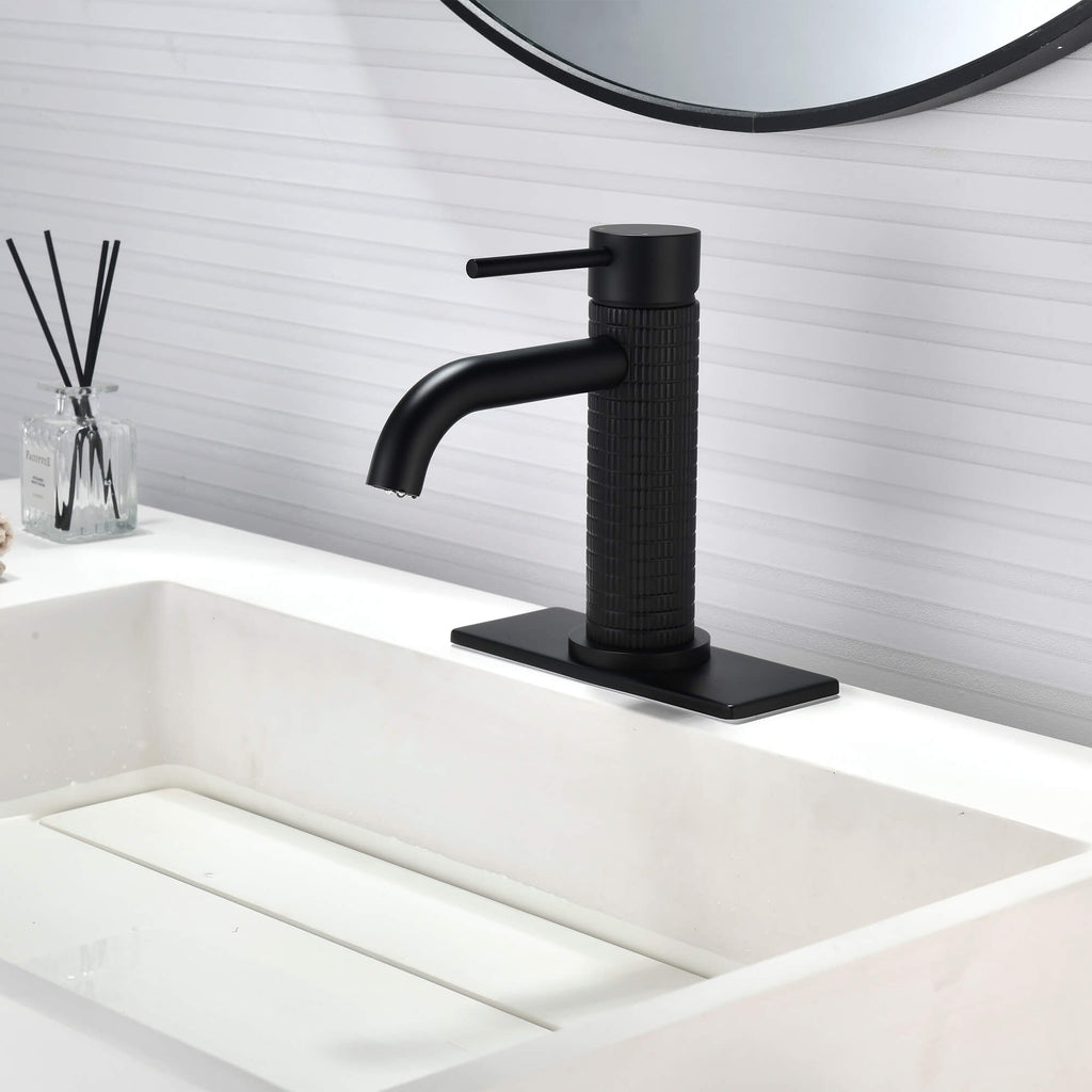 Knurled Single Handle Bathroom Faucet with Deck Plate Fits 1 or 3 Hole Vanity