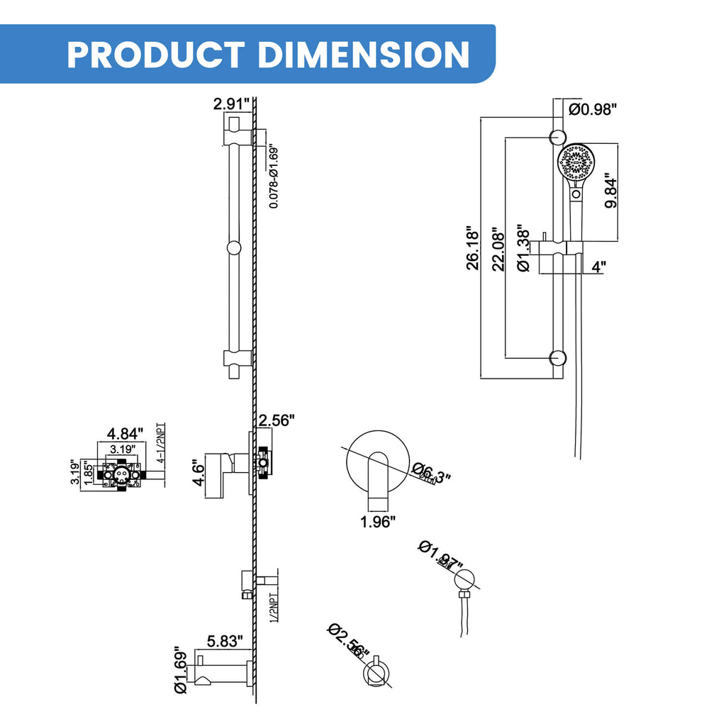 Tub and Shower Faucet Set with 3-Function Handheld Shower Height & Angle Adjustable