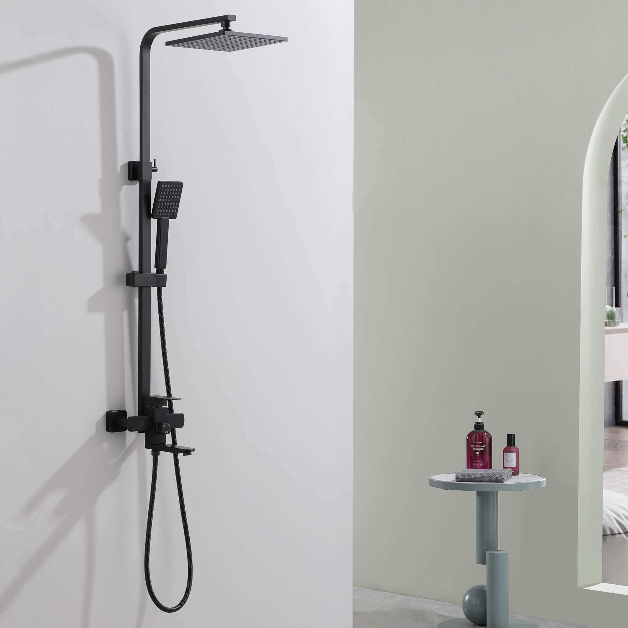3-Function Shower System with Rainfall Head Handheld Shower and 180 Degree Folding Tub Spout