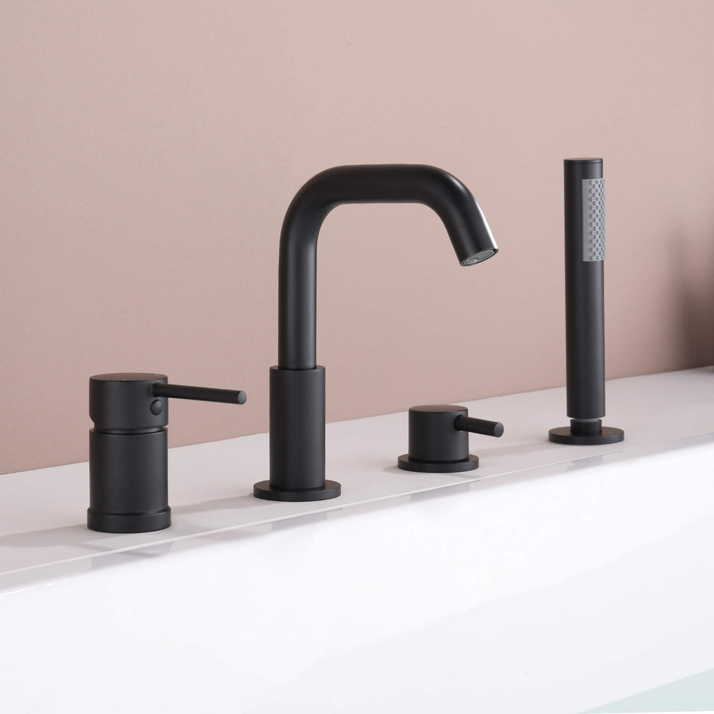 4-Hole Roman Tub Faucet with Hand Shower Deck-Mounted Bathtub Filler