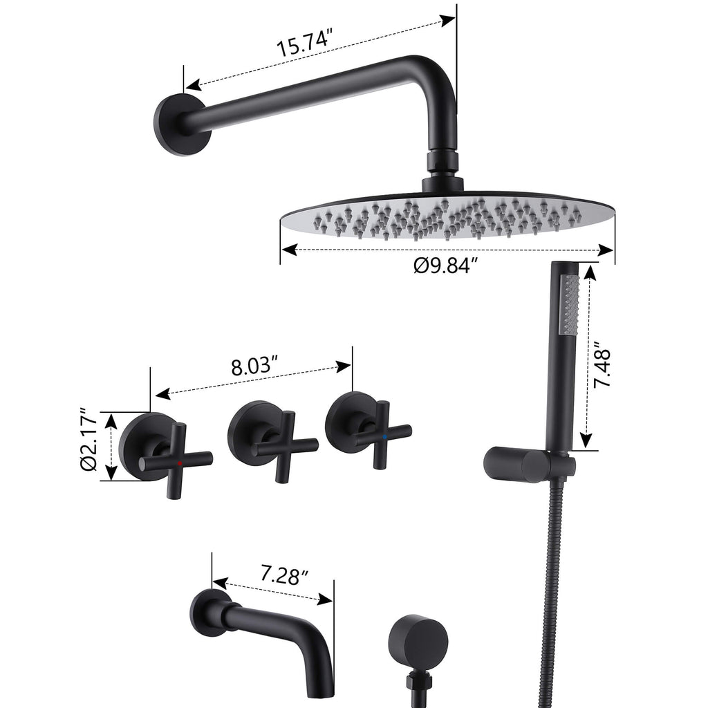 Wall-Mounted Tub Shower Kit with Spout and Triple Handle Controls