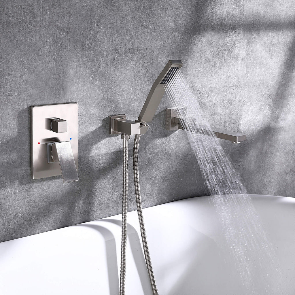 Wall-Mounted Bathtub Faucet with Tub Spout and Matching Hand Shower Set