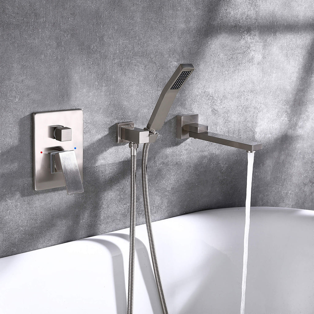 Wall-Mounted Bathtub Faucet with Tub Spout and Matching Hand Shower Set