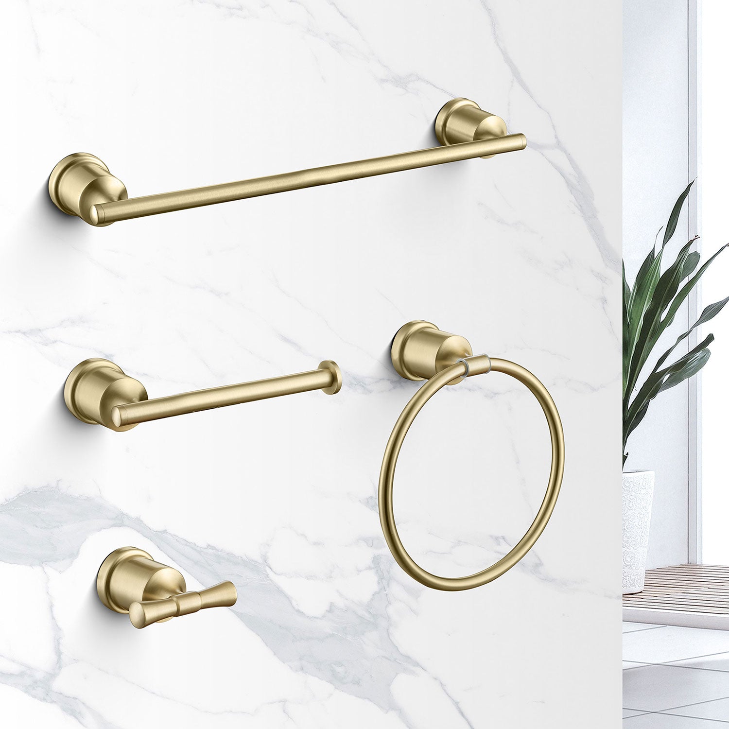 Wall-Mounted Brushed Gold 4-Piece Bathroom Hardware Set with Classic Design