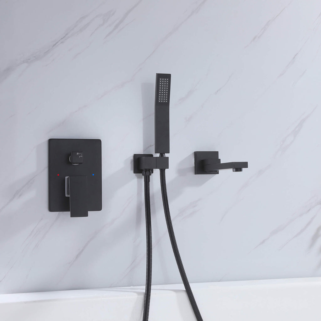 Wall-Mounted Bathtub Faucet with Hand Shower and Minimalist Control Panel
