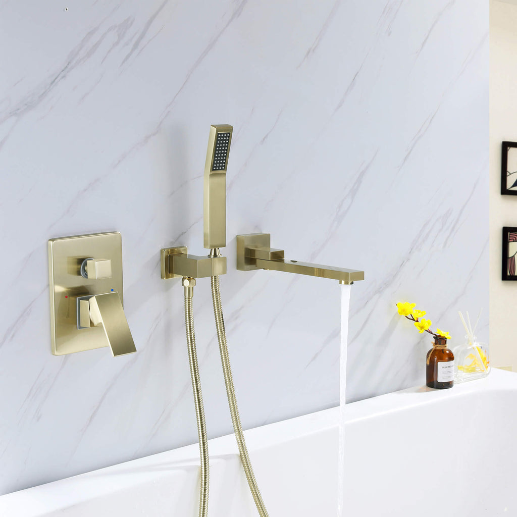 Wall-Mounted Bathtub Faucet with Tub Spout and Matching Hand Shower Set