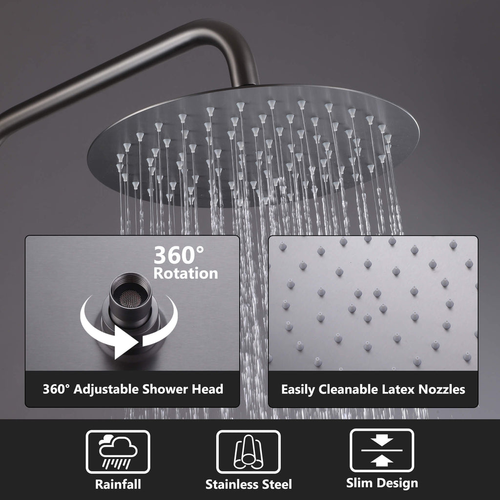Gray Exposed Shower System with Rainfall Head & Handheld Button Control