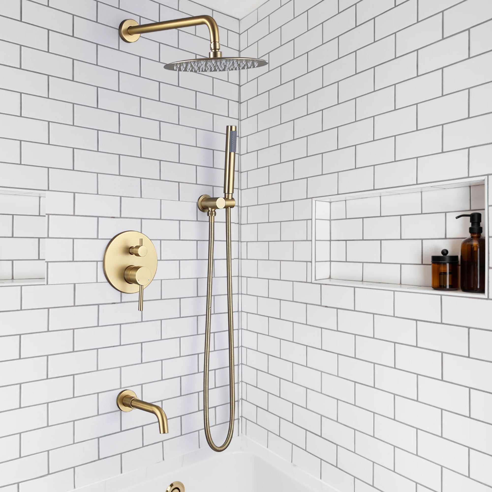 3-funtions shower faucet in white bathroom