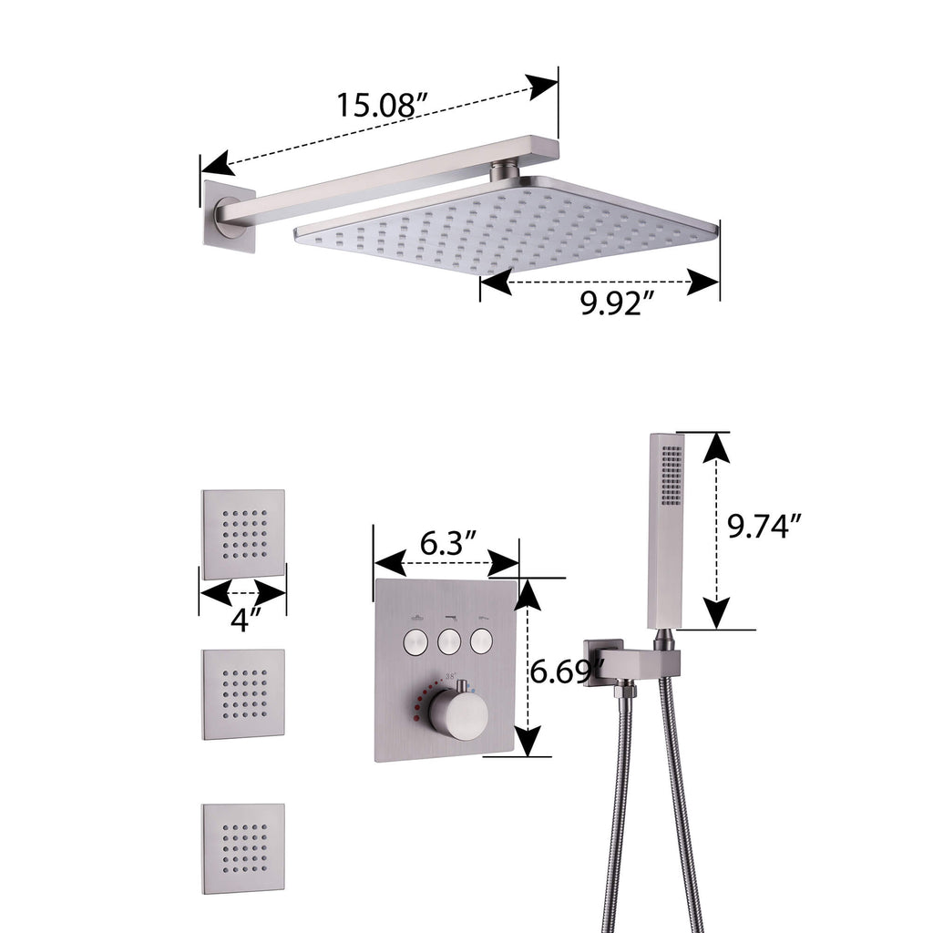 Square Rainfall Thermostatic Shower Set with 3 Body Jets