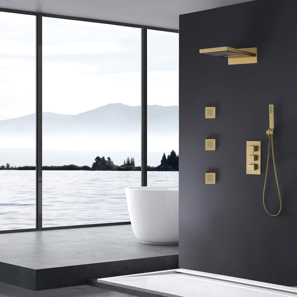 Brushed Nickel Thermostatic Shower System with 3 Body Jets Spray