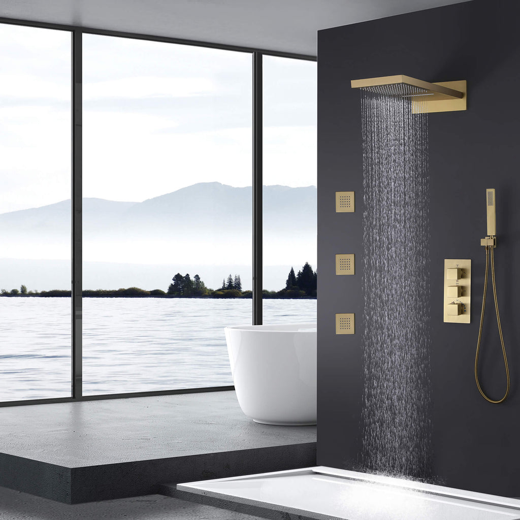 Brushed Nickel Thermostatic Shower System with 3 Body Jets Spray