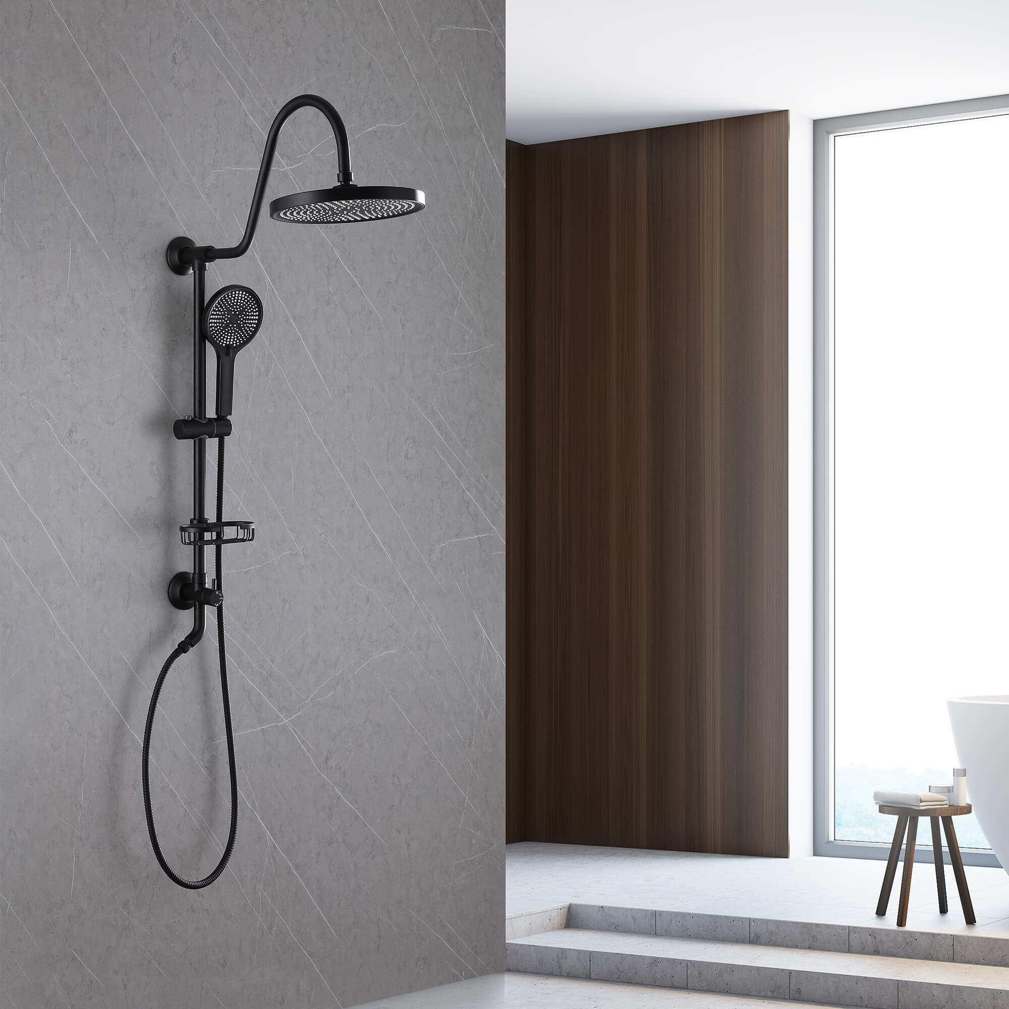 Wall-Mounted Shower System with Handheld Shower and Soap Dish