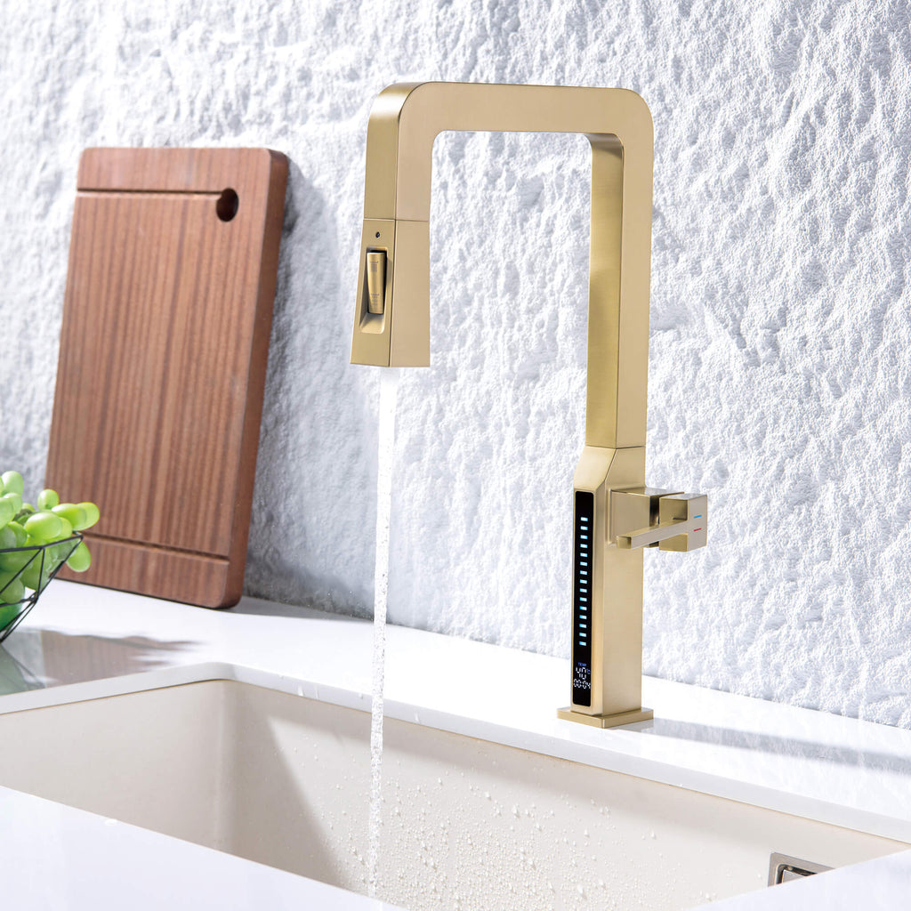 Temperature Display Kitchen Faucet with Dual Spray Pull Down Head
