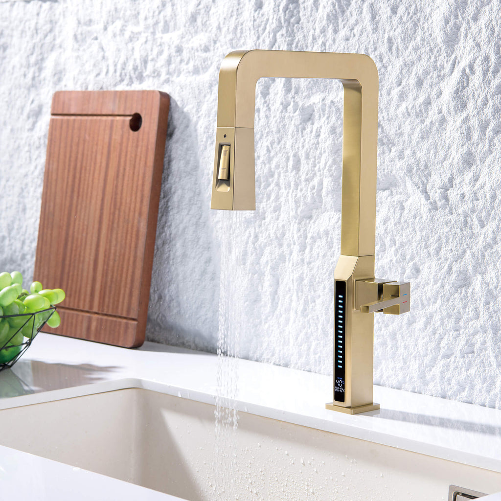 Temperature Display Kitchen Faucet with Dual Spray Pull Down Head