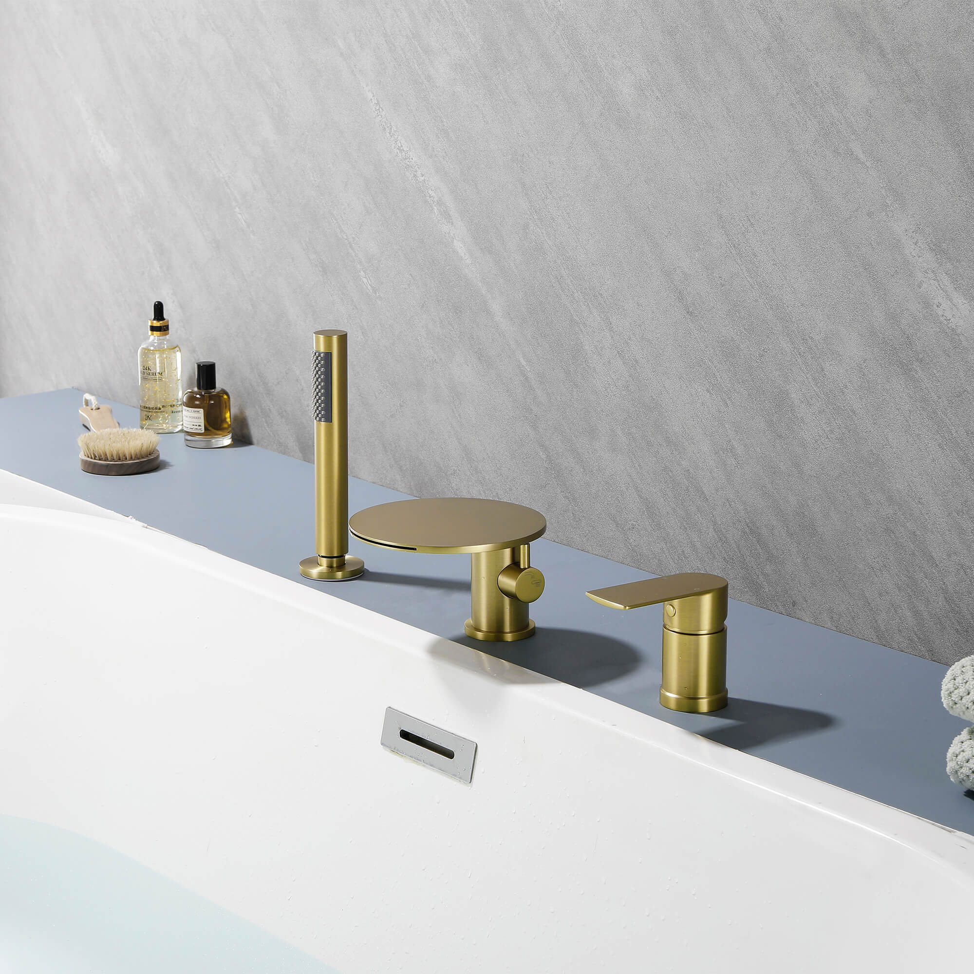 Single-Handle Deck-Mounted Roman Tub Faucet with Hand Shower