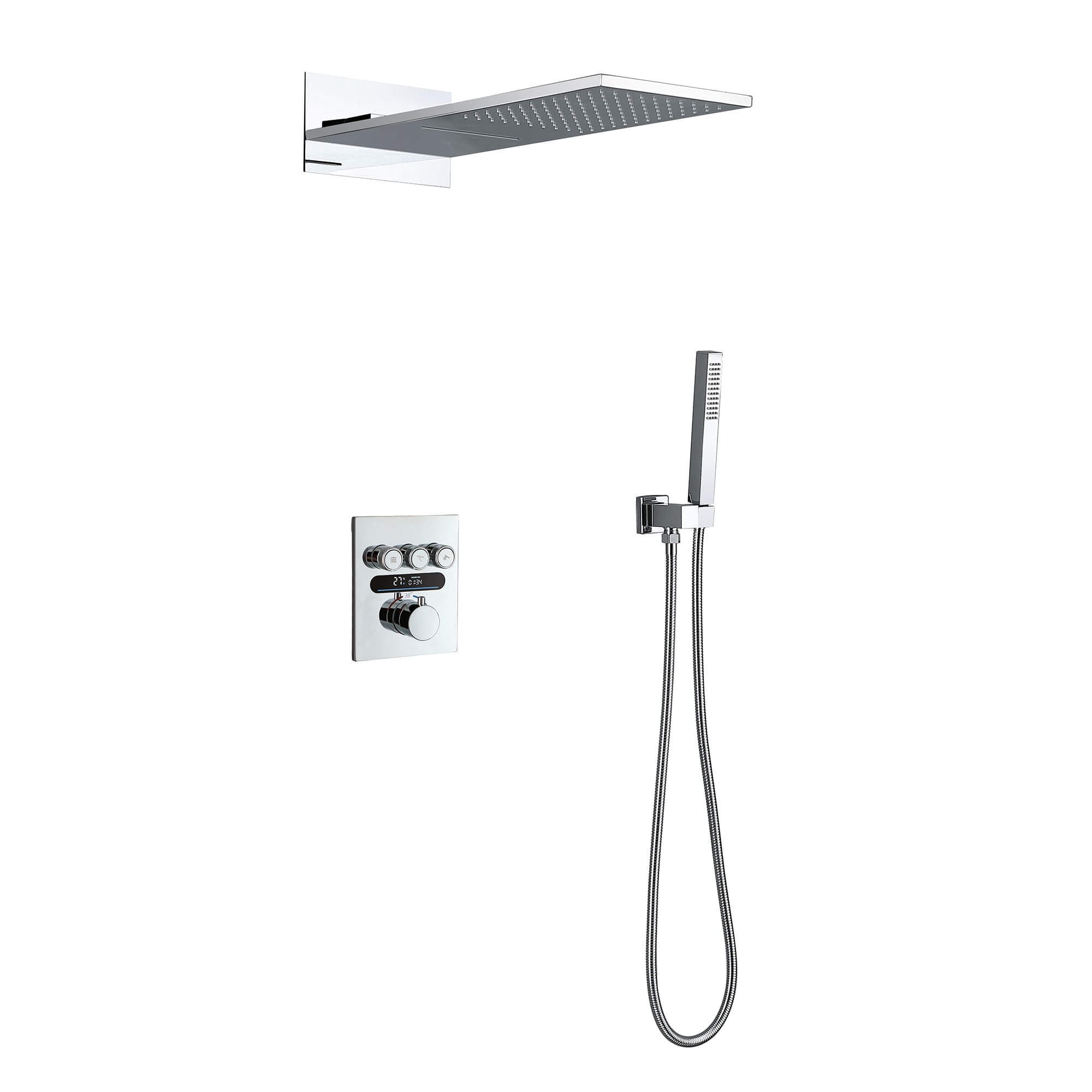 Thermostatic Shower Set with Rainfall Waterfall Head Handheld 3-Button Valve Digital Display Anti Scald Wall-Mounted