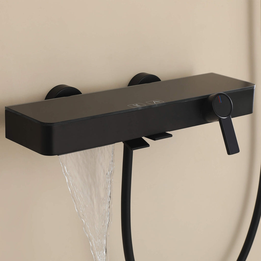 Wall-Mounted Bathtub Faucet Waterfall Spout Push Button Diverter Handheld Shower Slide Bar