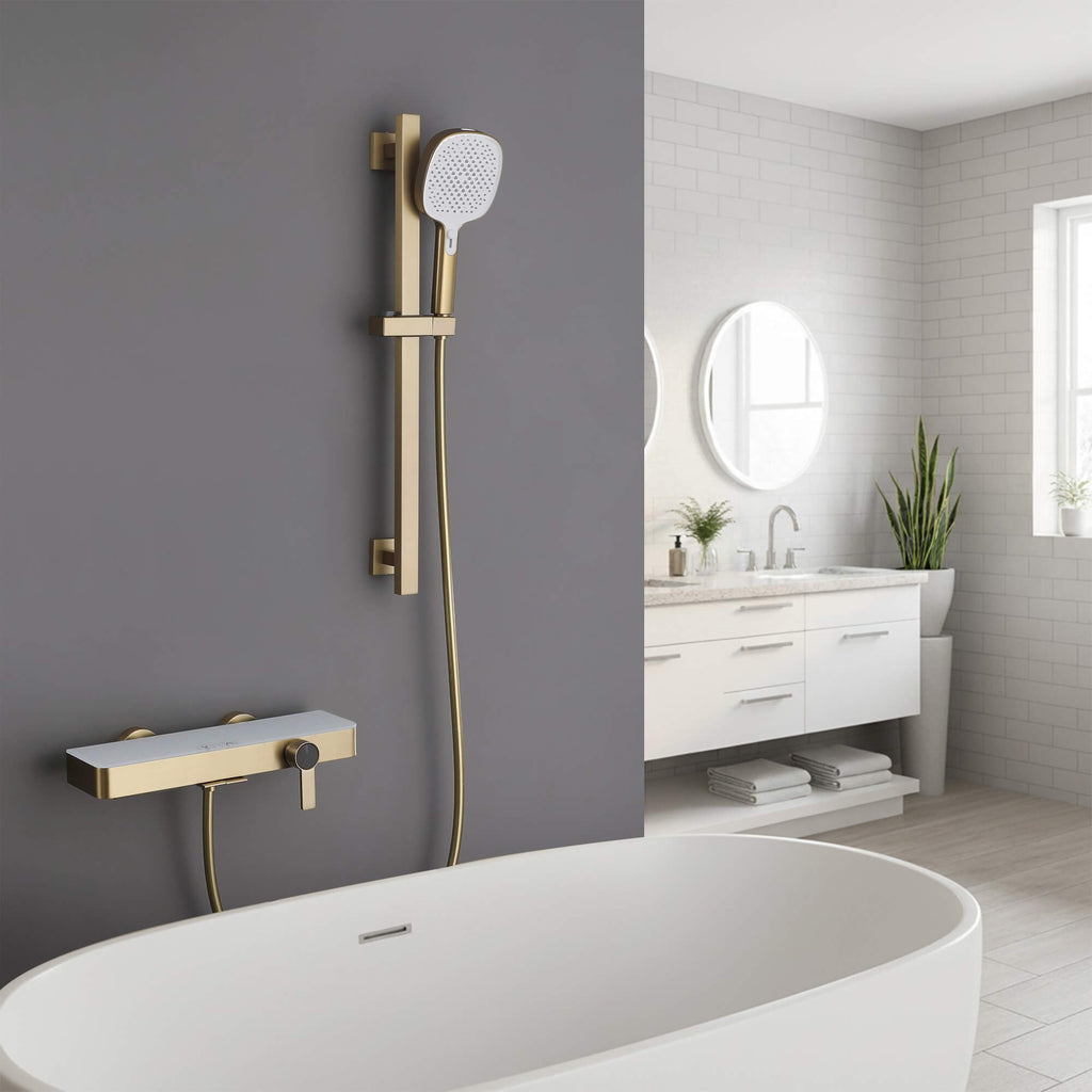 Wall-Mounted Bathtub Faucet Waterfall Spout Push Button Diverter Handheld Shower Slide Bar