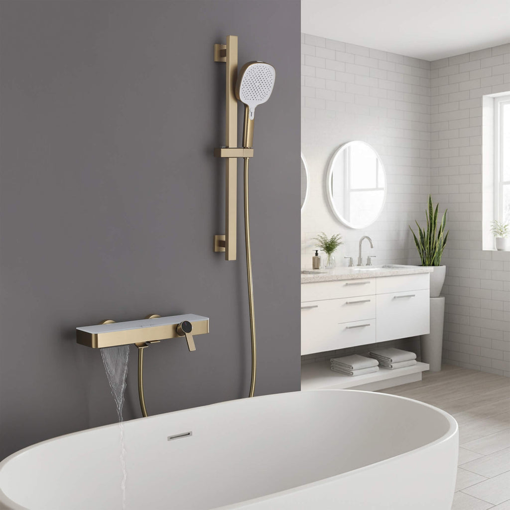 Wall-Mounted Bathtub Faucet Waterfall Spout Push Button Diverter Handheld Shower Slide Bar
