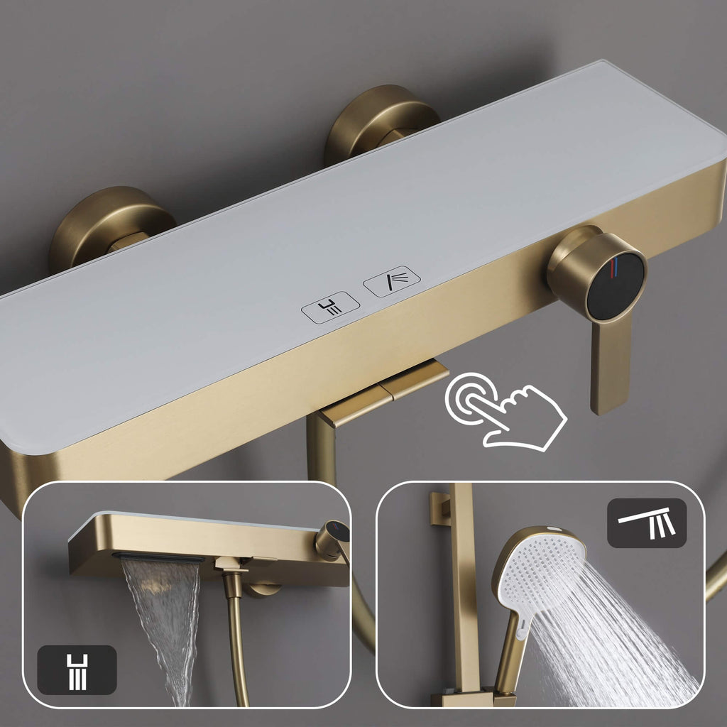 Wall-Mounted Bathtub Faucet Waterfall Spout Push Button Diverter Handheld Shower Slide Bar