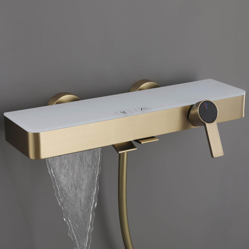 Wall-Mounted Bathtub Faucet Waterfall Spout Push Button Diverter Handheld Shower Slide Bar