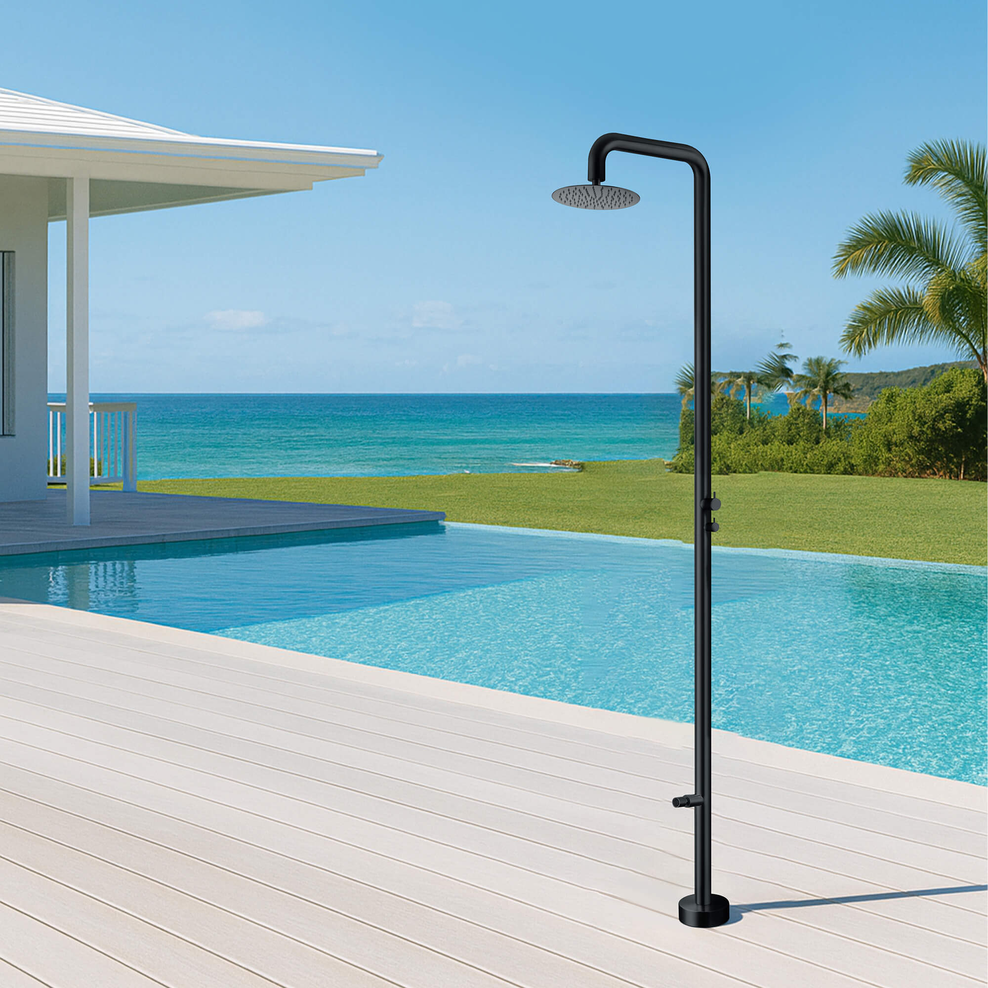 2-Function Outdoor Shower with Rain Shower Head and 360° Adjustable Foot Wash Spout