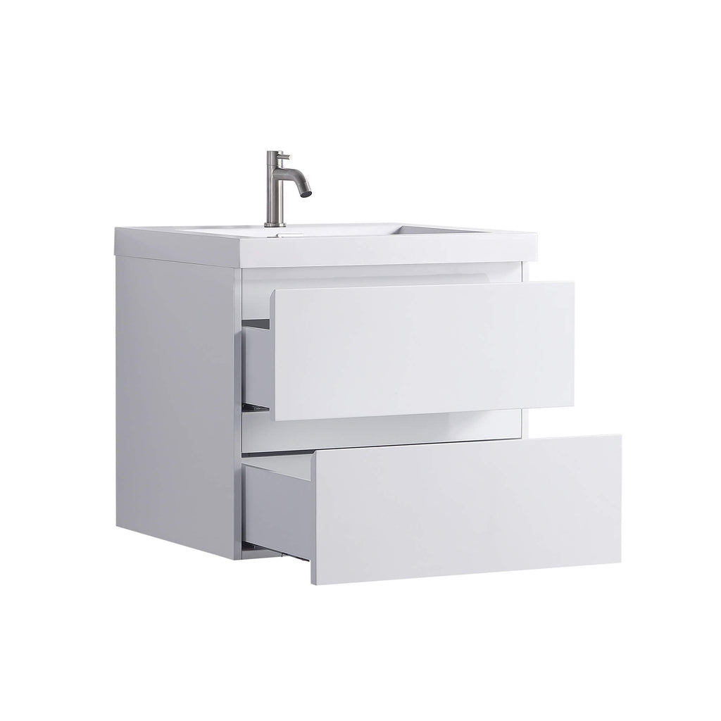 Compact 24-Inch Floating Vanity in Gloss White with Sink & Storage Drawers
