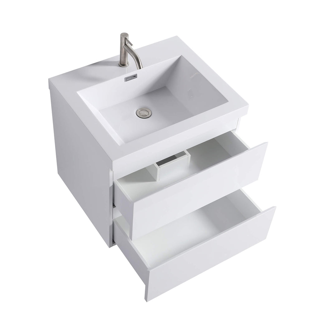 Compact 24-Inch Floating Vanity in Gloss White with Sink & Storage Drawers