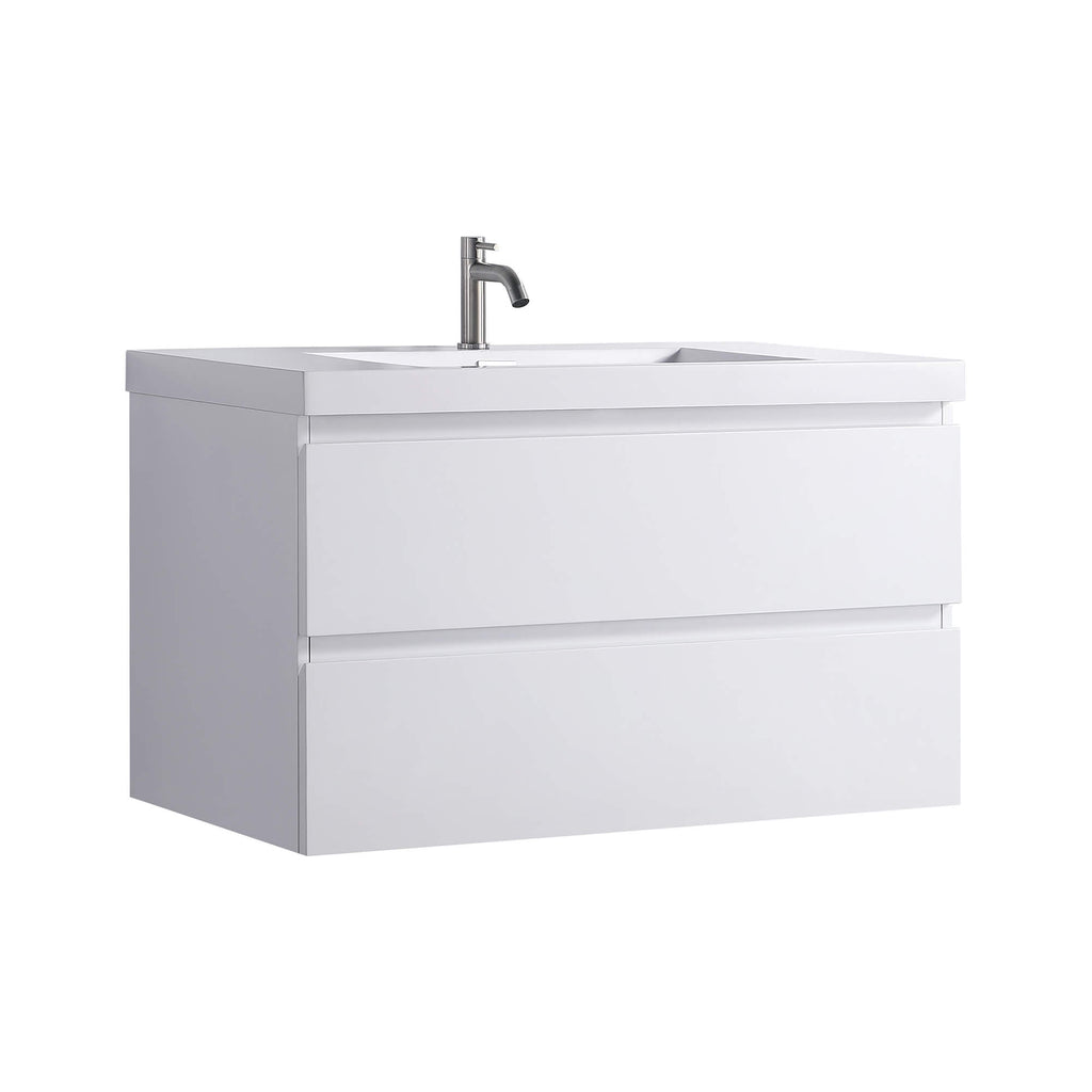 36-Inch Modern Gloss White Wall-Mount Vanity with Sink and Dual Drawers