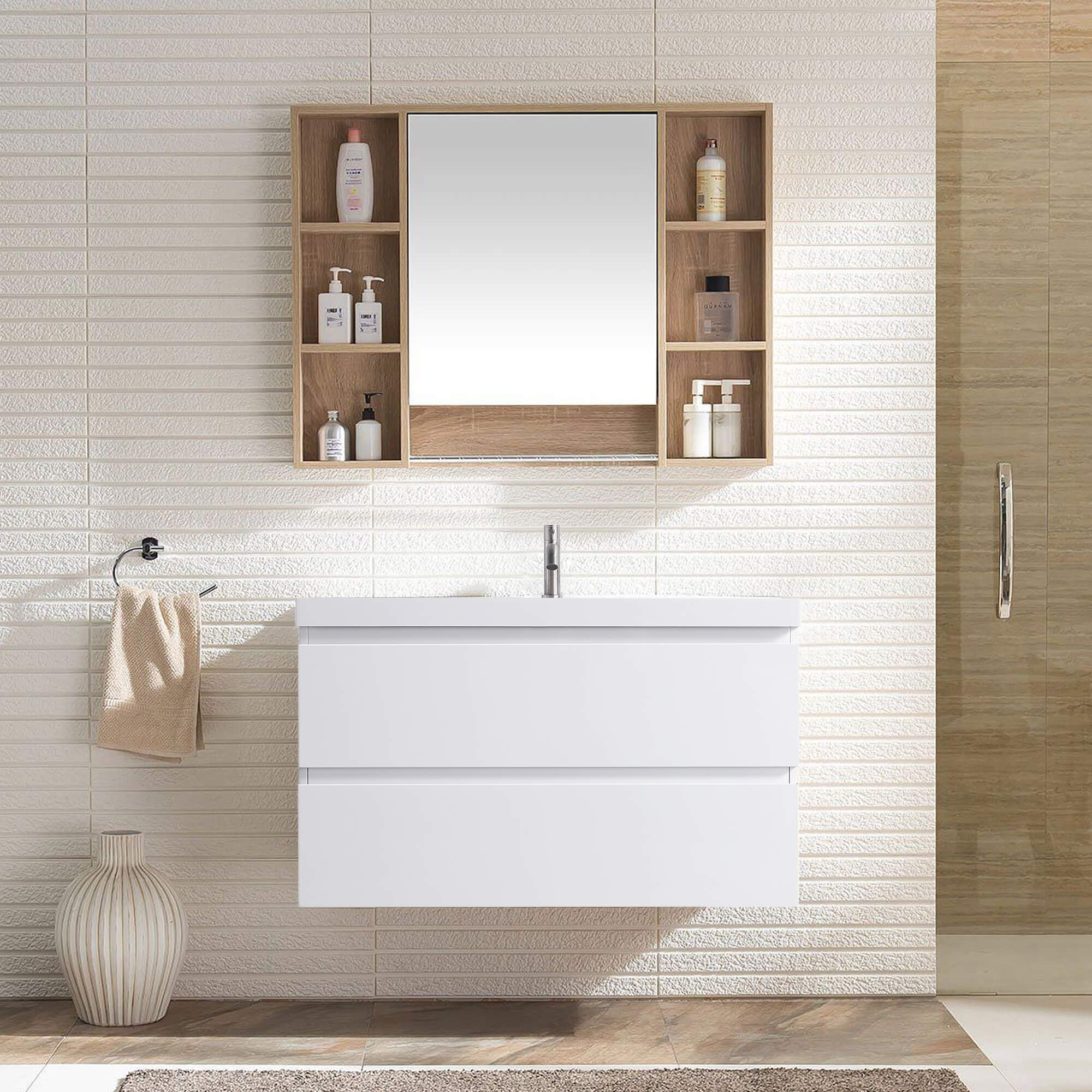 36-Inch Modern Gloss White Wall-Mount Vanity with Sink and Dual Drawers