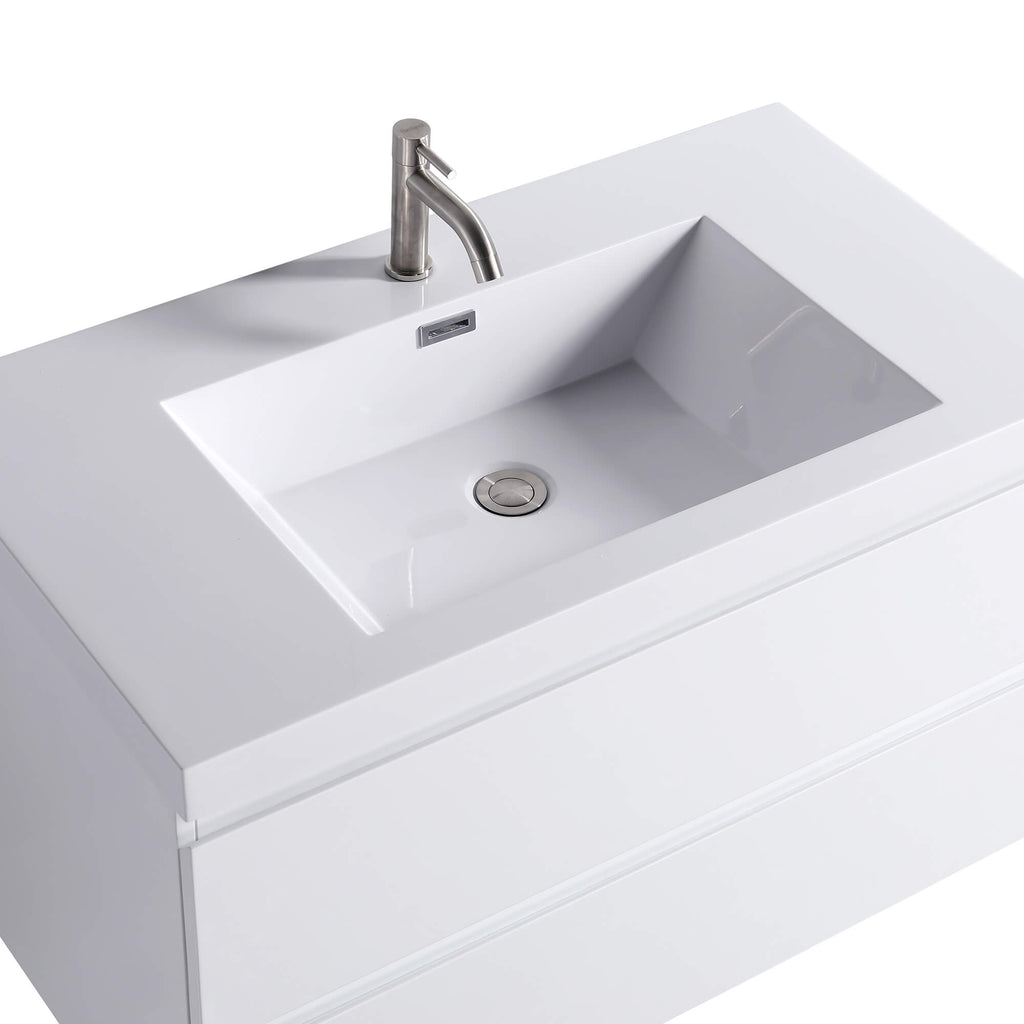 36-Inch Modern Gloss White Wall-Mount Vanity with Sink and Dual Drawers