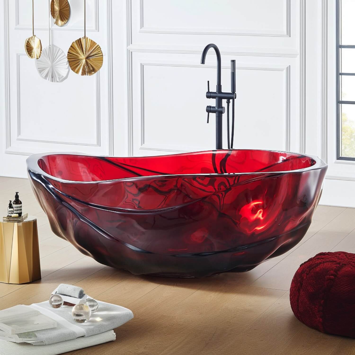 Luxury 66-Inch Red Transparent Resin Freestanding Bathtub Acrylic Soaking Tub
