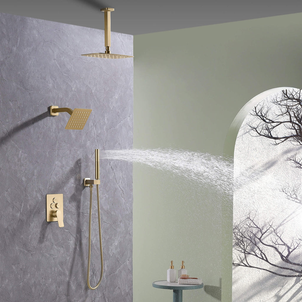 Handheld shower wand spraying water in brushed gold dual shower system with 3-function diverter.