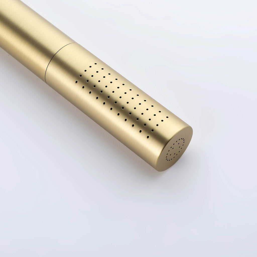 Cylindrical brushed gold handheld shower wand design detail, modern minimalist style.