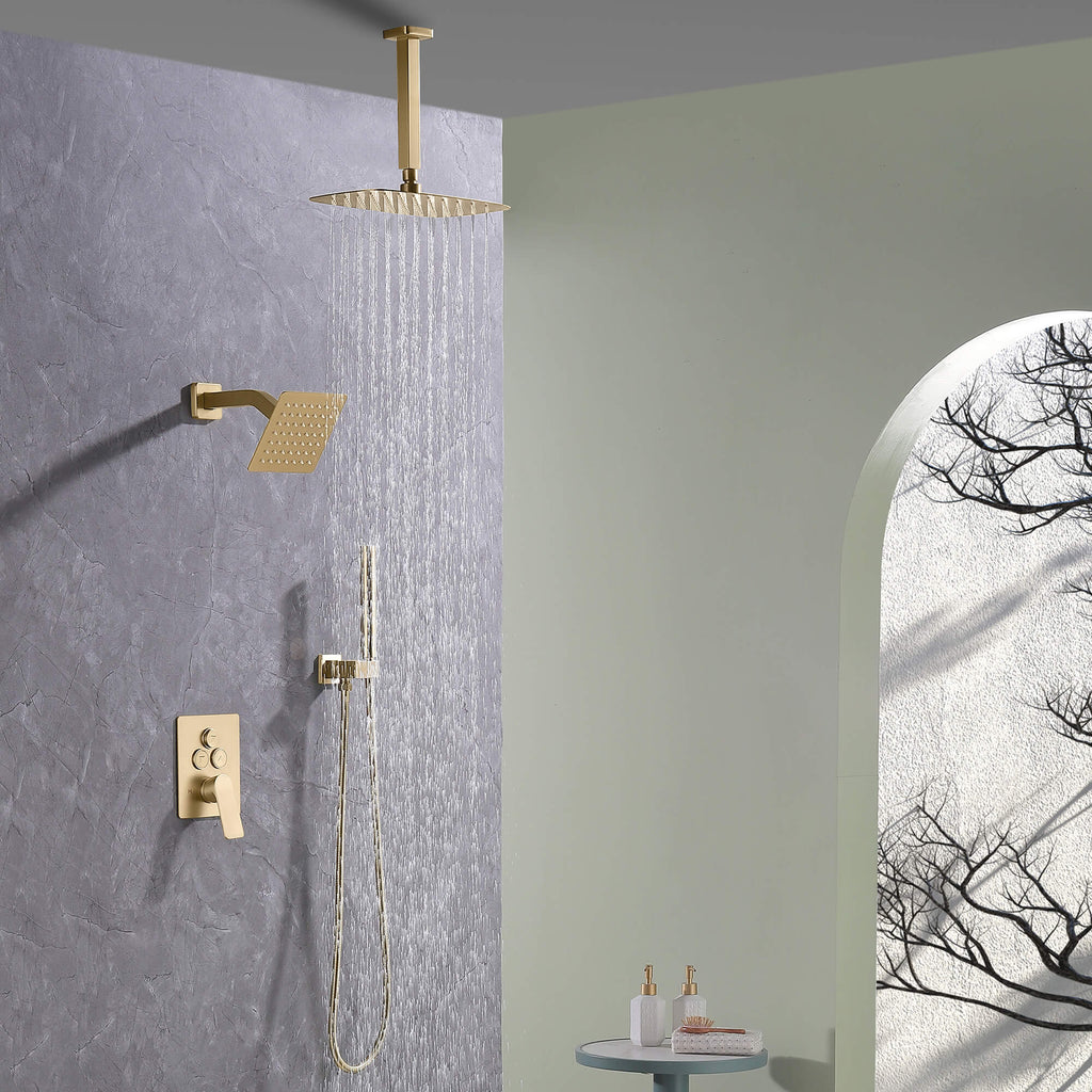 Overhead rainfall shower head in brushed gold finish with wide spray coverage.