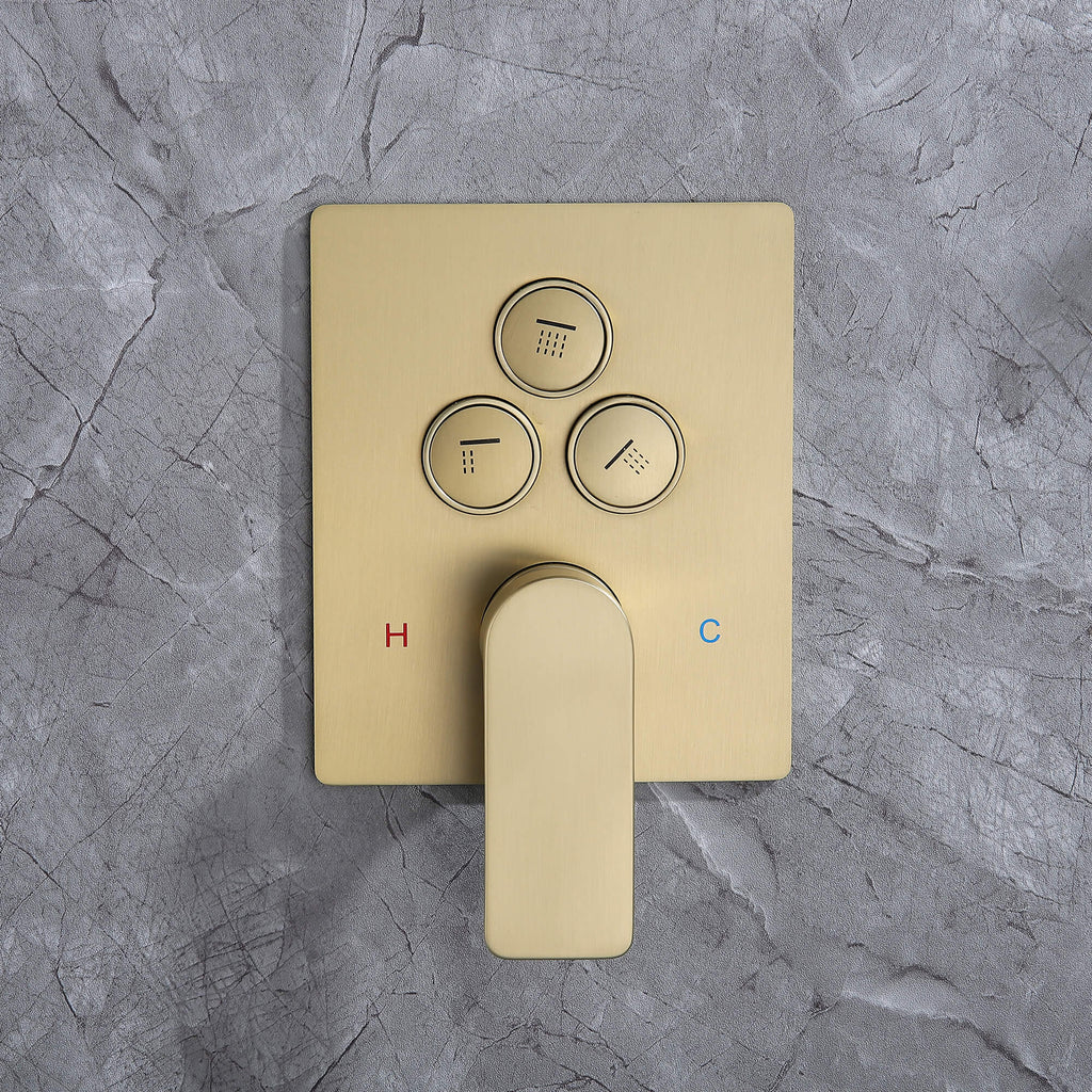Brushed gold 3-function shower diverter valve panel with separate controls for rainfall, wall-mounted, and handheld spray.